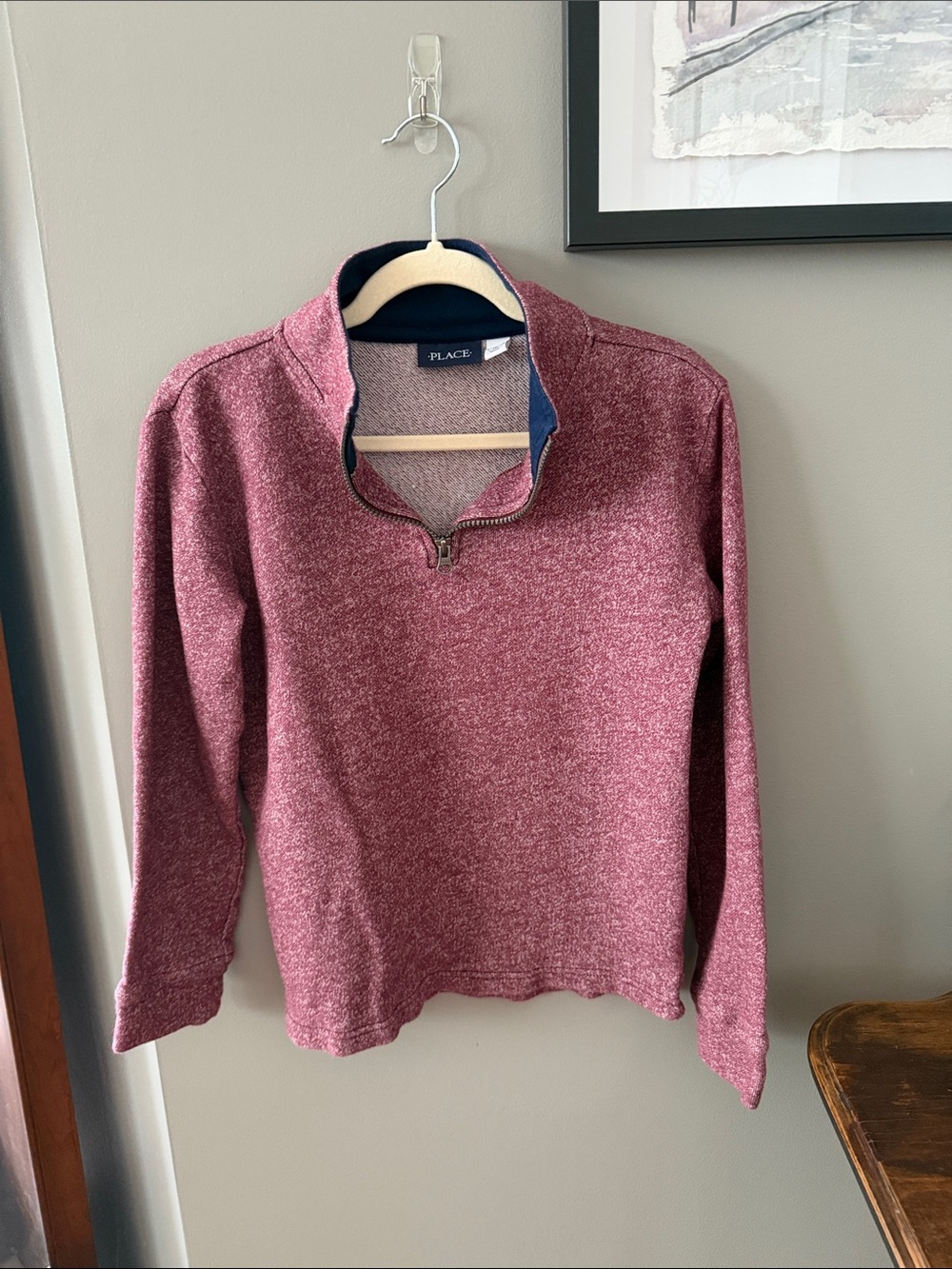 Place Boys Marled Burgundy Half-Zip Sweatshirt with Navy Trim. Size Large 10/12